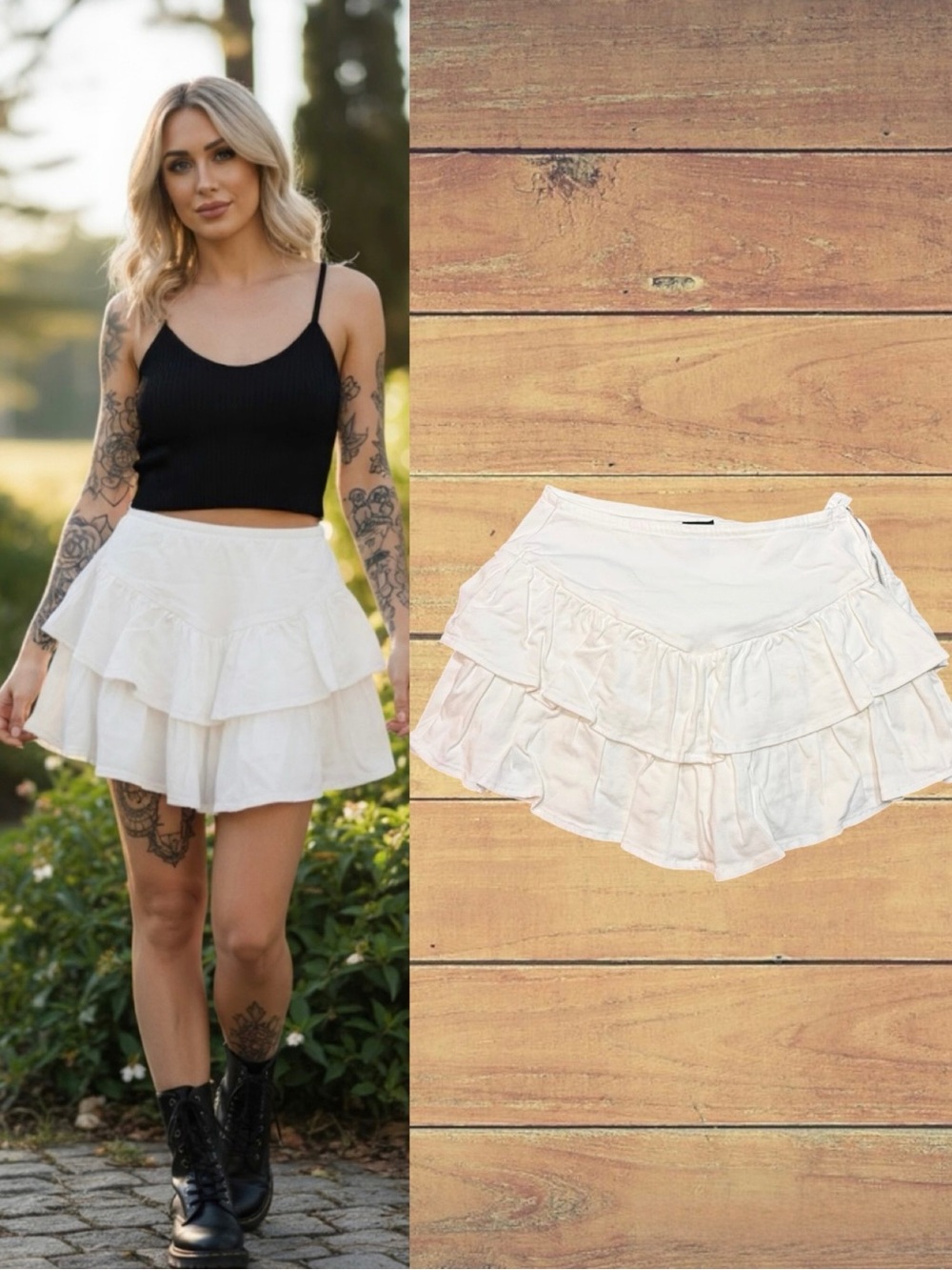 City Chic White Ruffled Tiered Denim Side Zip Mini Skirt Size 16